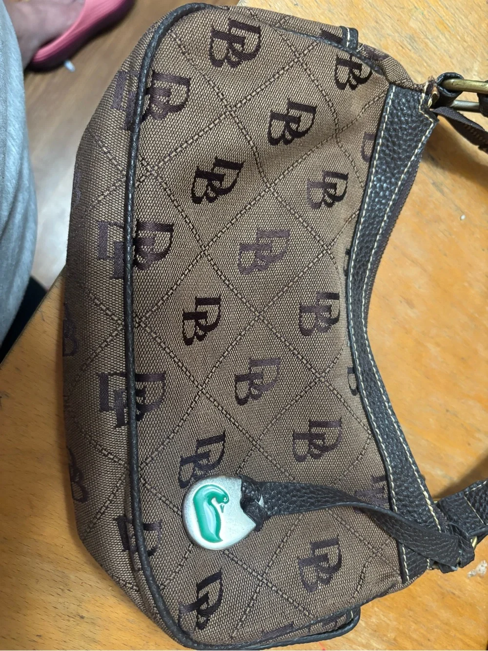 Dooney & Bourke Brown Monogram Shoulder Bag with Green Charm
